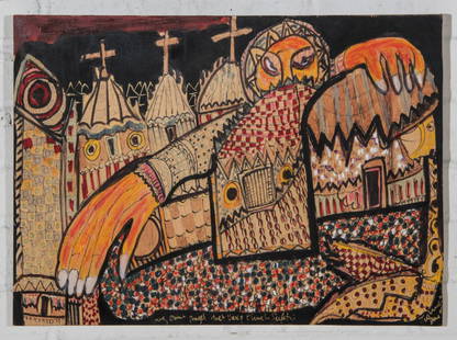 024: Prince Twins Seven Seven (Nigerian, 1944-2011): Prince Twins Seven Seven (Nigerian, 1944-2011), ".....Angel That Keep Church Safety", ink, pastel, and oil on wood, signed lower right. Size: 15.5 x 21.25 x .5 inches. Literature: See Henry Glassie,