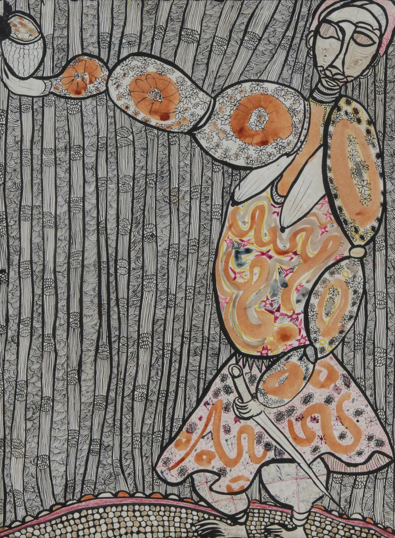 025: Prince Twins Seven Seven (Nigerian, 1944-2011): Prince Twins Seven Seven (Nigerian, 1944-2011), pen and ink on paper, signed and dated lower right "1971". Size: 23.5 x 17.5 inches (sight), 25 x 19 x .75 inches (frame). See Henry Glassie, "Prince Tw