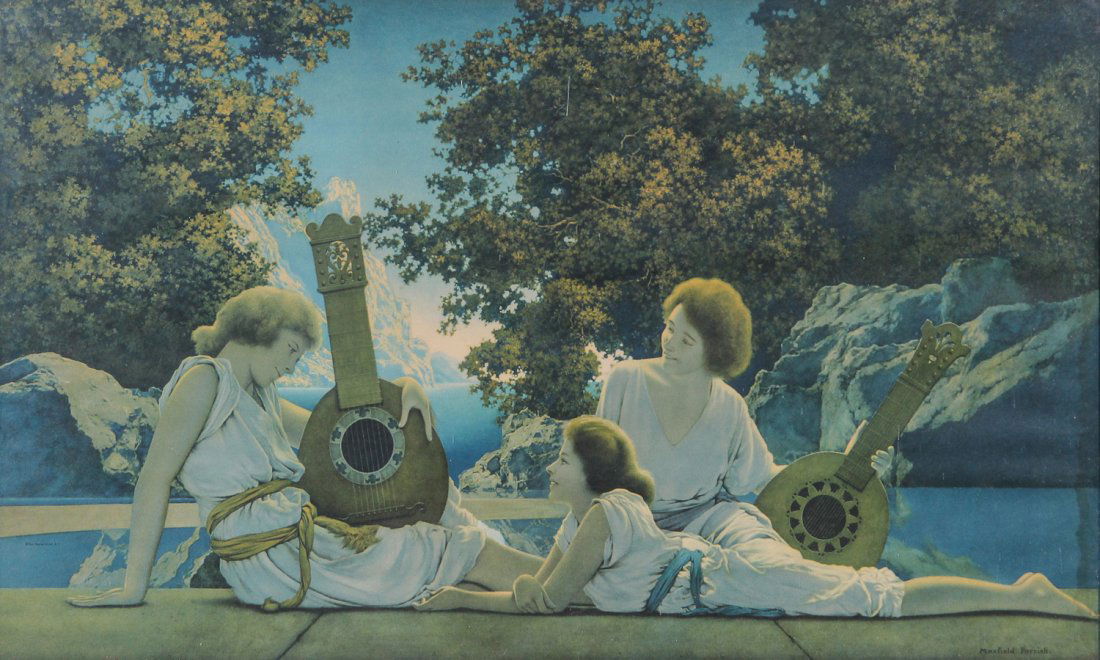 057: Maxfield Parrish Print "Lute Players": Maxfield Parrish Print "Lute Players" in period frame, size: 17.5 x 29.5 inches (sight), 21.75 x 33.5 x 1 inches (frame).