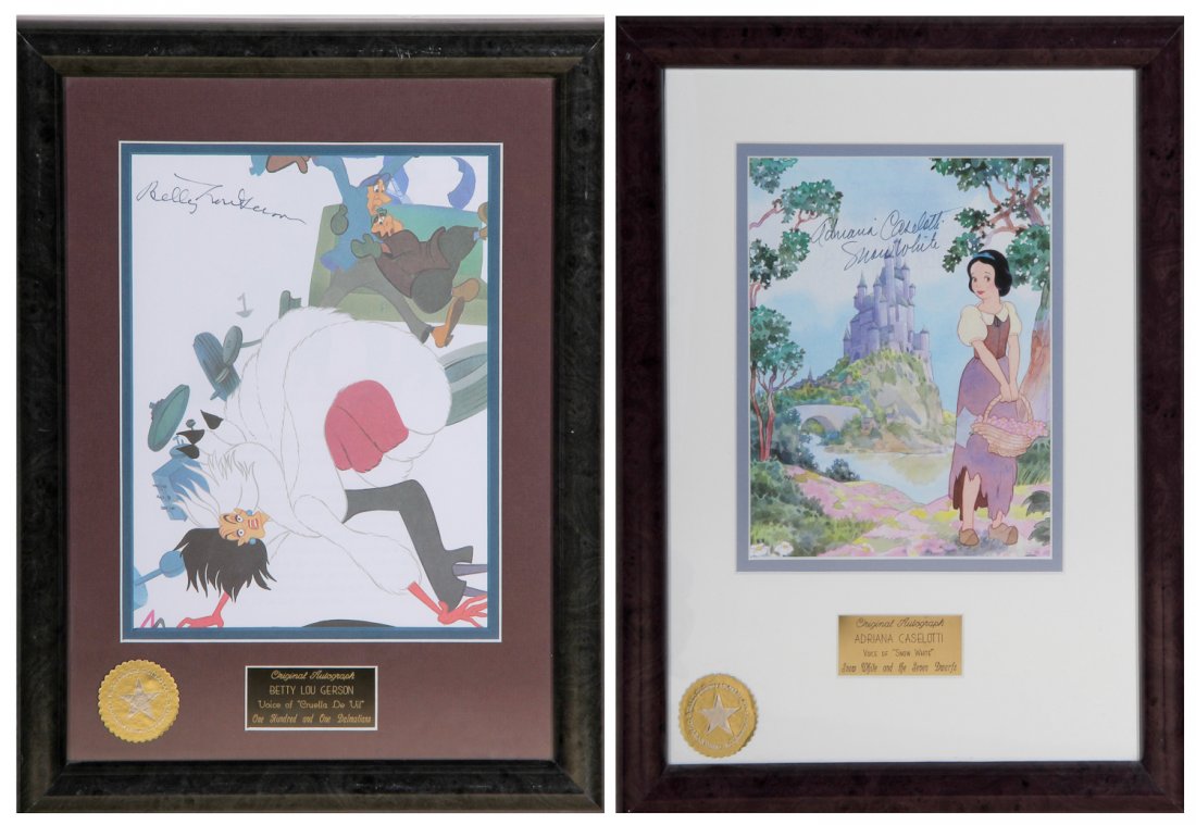 083: Pair of signed Disney Character Voice Prints: Pair of Autographed Disney Character Voice Prints including Betty Lou Gerson, the voice of Cruella De Vil in One Hundred and One Dalmations and Adriana Caselotti, the voice of Snow White in Snow White