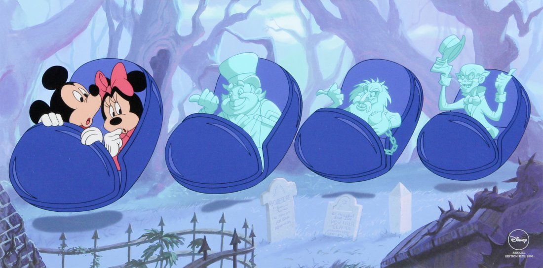 087: Disney Beware of Hitchhiking Ghosts: Walt Disney "Beware of Hitchhiking Ghosts", WDCC Limited Edition Animation Art Sericel, signed on the mat by character voices of Mickey Mouse and Minnie, 1998-99, edition of 1000. Size: 9.25 x 18.75 i