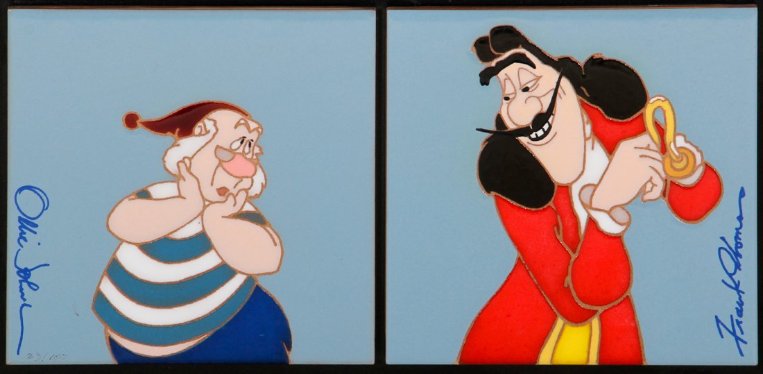 089: Lofty Plot, Captain Hook and Smee Tiles: Lofty Plot, Captain Hook and Smee Limited Edition Animation Art Ceramic Tiles, produced exclusively for Walt Disney World by White Horse Studio, signed by Ollie Johnston and Frank Thomas, edition: 23/