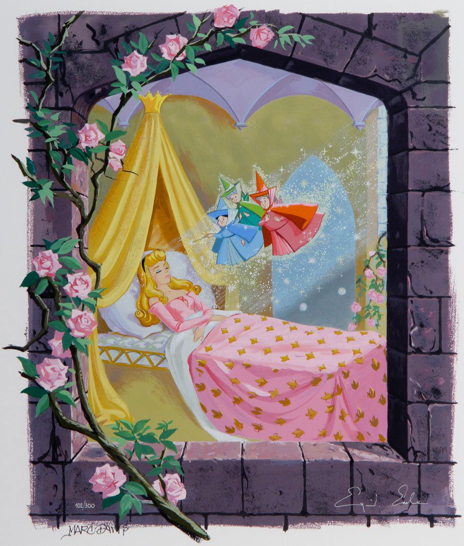 091: Marc Davis and Eyvind Earle Sleeping Beauty Print: Marc Davis "Sleeping Beauty", Limited Edition Animation Art Screenprint, Signed by Eyvind Earle and Marc Davis, edition: 102/300. Size: 23.75 x 20 inches (sight), 29.25 x 25.5 inches (frame).