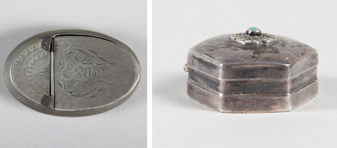 A pair of Boxes: A pair of Boxes; 1 ) Early Pewter Snuff Box, Size: .75 x 3.25 x 2.25 inches; 2 ) Mexican Sterling Pill Box, Size: .5 x 1 x 1 inches.