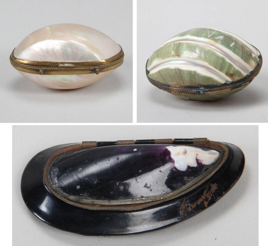 Three 19th C. Hinged Shell Boxes: Three 19th C. Hinged Shell Boxes; 1 ) Mussel Shell, signed, Size: .75 x 3.25 x 1.5 inches; 2 ) Mother of Pearl Box, Size: 1.5 x 3 x 2 inches; 3 ) Green Shell Box, missing hinge pin, Size: 1.5 x 2.5 x
