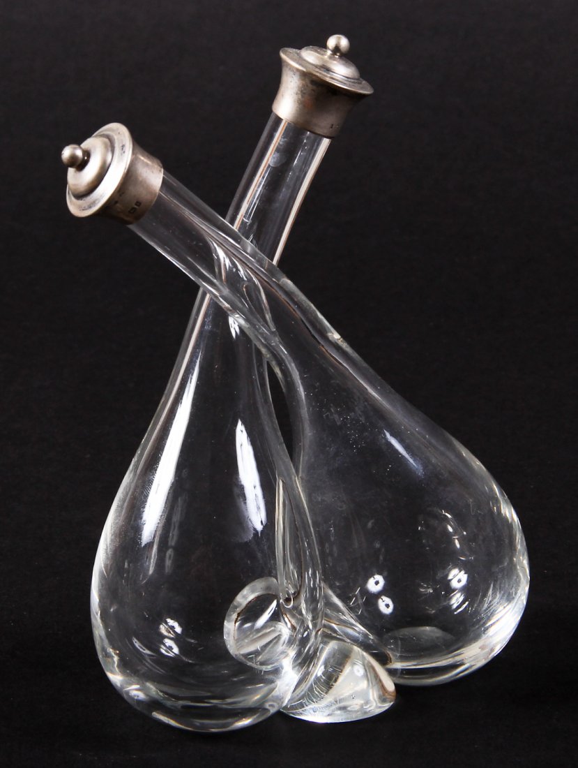 Early 20th Century English Cruet Set: Early 20th Century Edwardian Cruet Set, British Sterling Silver caps, lion passant with "g" hallmark (1906), 7 x 5 x 2-1/2 inches.