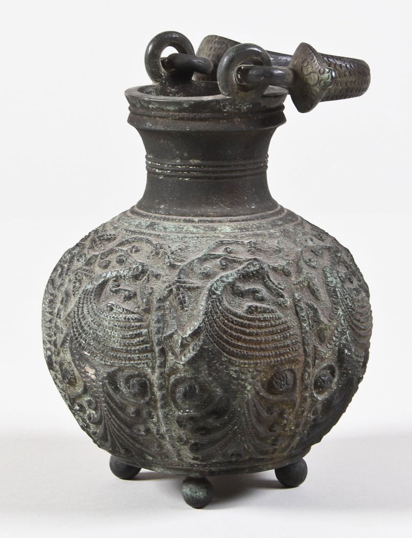 Very Old Bronze Vessel: Very Old Bronze Vessel, possibly Luristan, cobra handle and peacock body, 6.5 x 4.5 x 4.5 inches.