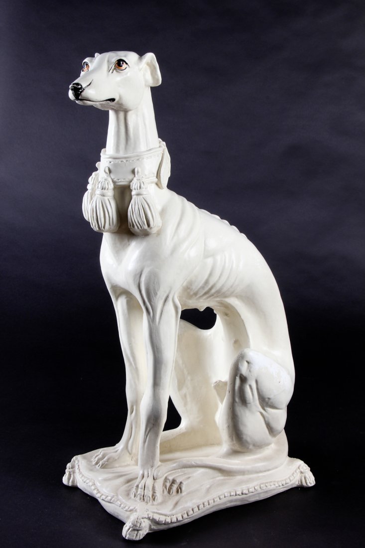 Fine Continental Painted Greyhound Sculpture: Fine Continental Painted Greyhound Sculpture, metal, plaster, very good condition. Size: 27 x 16.5 x 9.5 inches. Property of a Philadelphia estate.