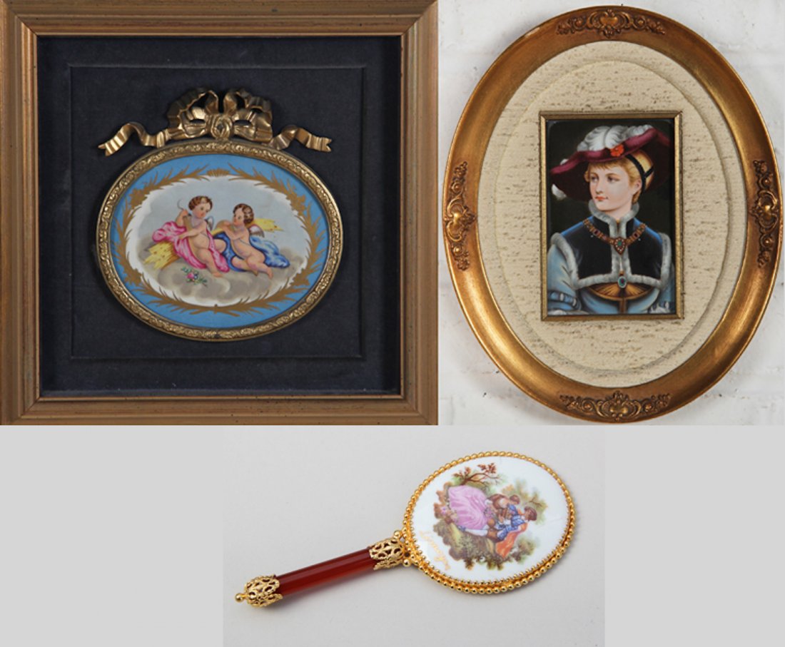 Pair of Painted Porcelain Tiles and a Mirror: Pair of Painted Porcelain Tiles in Frames and Limoges Mirror. 1 ) 11.5 x 9.5 (frame); 2 )12 x 12 (frame); 3 ) Mirror Size: 5-1/2 x 2-1/2 x 1/4 inches.