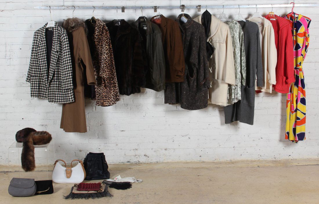 Assorted Collection of Vintage Clothing: Assorted Collection of Vintage Clothing, including purses, furs, dresses: Botega Veneta, Lord and Taylor, Perry Ellis.