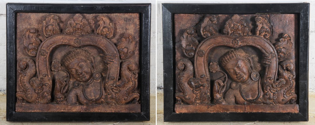 Two Old Southest Asian Terracotta Reliefs in Frame: Two Old Southeast Asian Terracotta Reliefs in Frame. Size: 19 x 23 x 3 inches each.