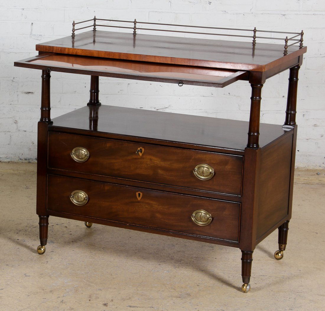 Kittenger Mahogany Rolling Side Server: Kittenger Mahogany Rolling Side Server, with pullout tray and gallery, excellent condition. Property of a Philadelphia estate. Size: 34 x 36 x 20 inches.