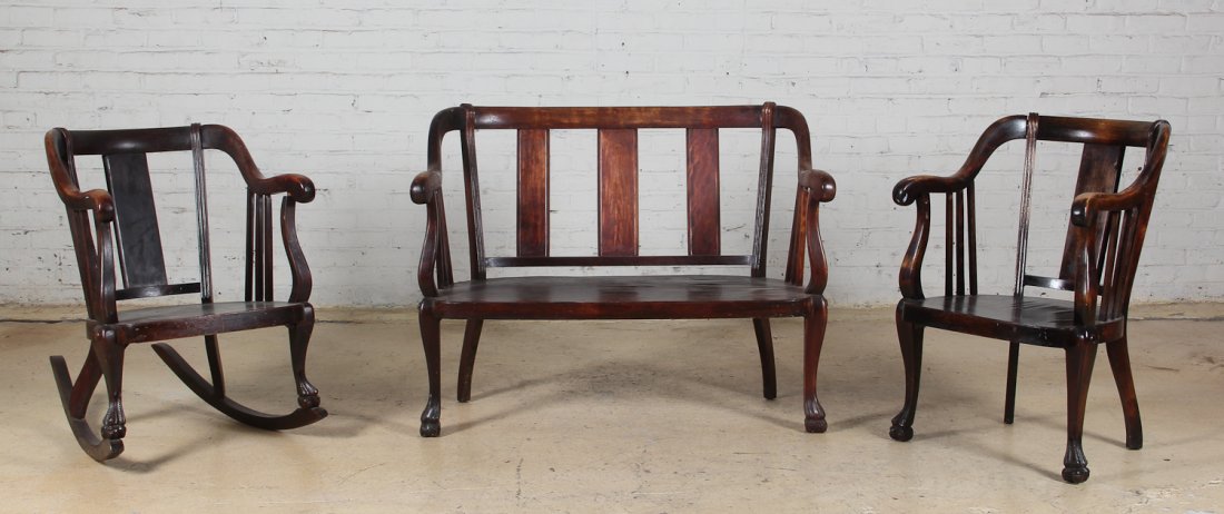 Three Carved Wood Estate Chairs: Three Carved Wood Estate Chairs; 1 ) Side Chair :Size: 35 x 23 x 20 inches; 2 ) Rocking Chair : 33 x 23 x 32 inches; 3 ) Long Chair: 34.5 x 44.5 x 24 inches.