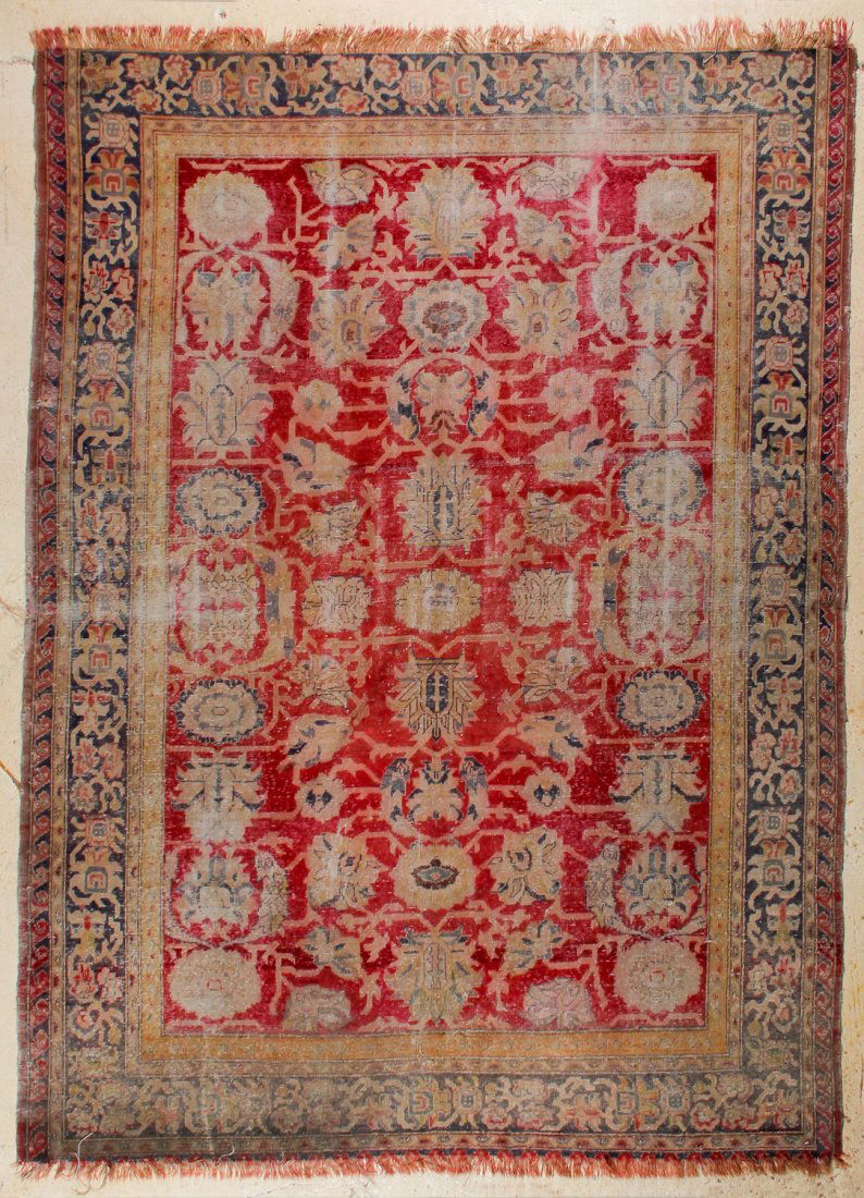 Antique Turkish Sivas Carpet: Antique Turkish Sivas Carpet, heavily worn, reduced ends. Size: 6'6" x 8'6".