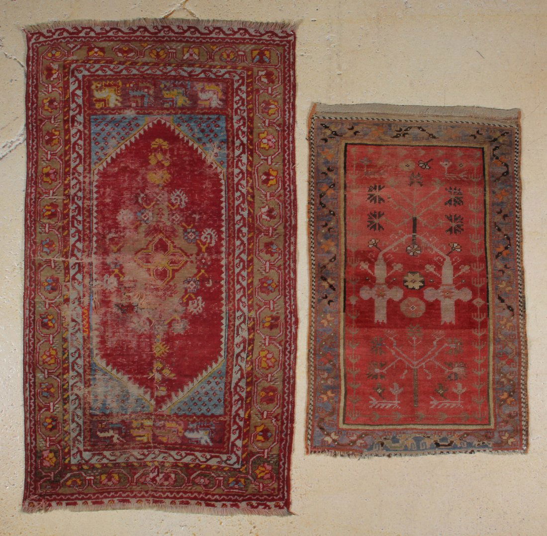 Two Antique Turkish Prayer Rugs: Two Antique Turkish Prayer Rugs, worn, frayed ends and sides. Size: 2'6" x 4'1" and 3'2" x 5'7".