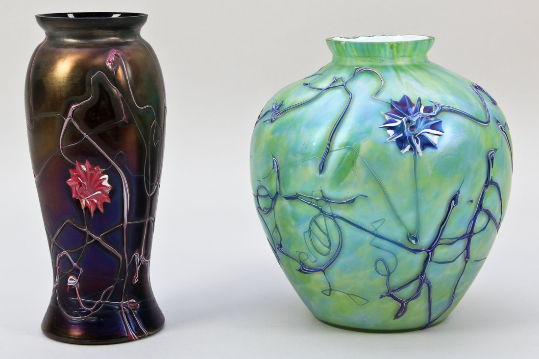 Two Czech Floral Glass Vases: Two Czech Floral Glass Vases; 1 ) Czech Vase, large green blue drizzle, white cased, drilled hole in bottom, marked czech, many C's, size: Opening=4, Height=11, Width=8.5; 2 ) Loetz? Vase, large, dril