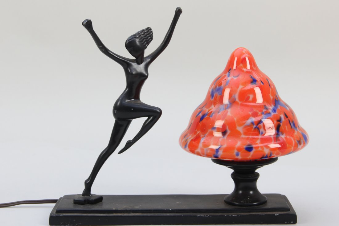 Deco Style Nude Figural Lamp: Deco Style Nude Figural Lamp with Czech Ice cream cone shaped Glass Shade, orange blue, Shade size: Base=2.75, Height=6, Width=6. Overall Height: 9.75.
