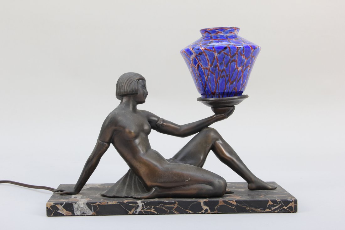 Deco Style Nude Figural Lamp: Deco Style Nude Figural Lamp with Czech Odd shaped Shade, Blue w/red threading, marble base. Shade size: Base=2.5, Height=4.25, Width=5. Overall Height: 11.5.
