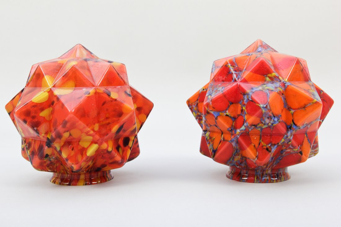 Two Unique Czech Glass Globes: Two Unique Czech Glass Globes; 1 ) Czech Star globe, Odd orange, red casing/lined, marked Czech, looks cracked under glazing, size: Base=3, Height=7, Width=7 ; 2 ) Czech Star globe, Multicolored, oran