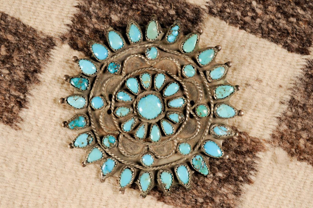 Old Pawn Navajo Turquoise Pin: Old Pawn Navajo Turquoise Pin. Size: 3 x 3 inches.