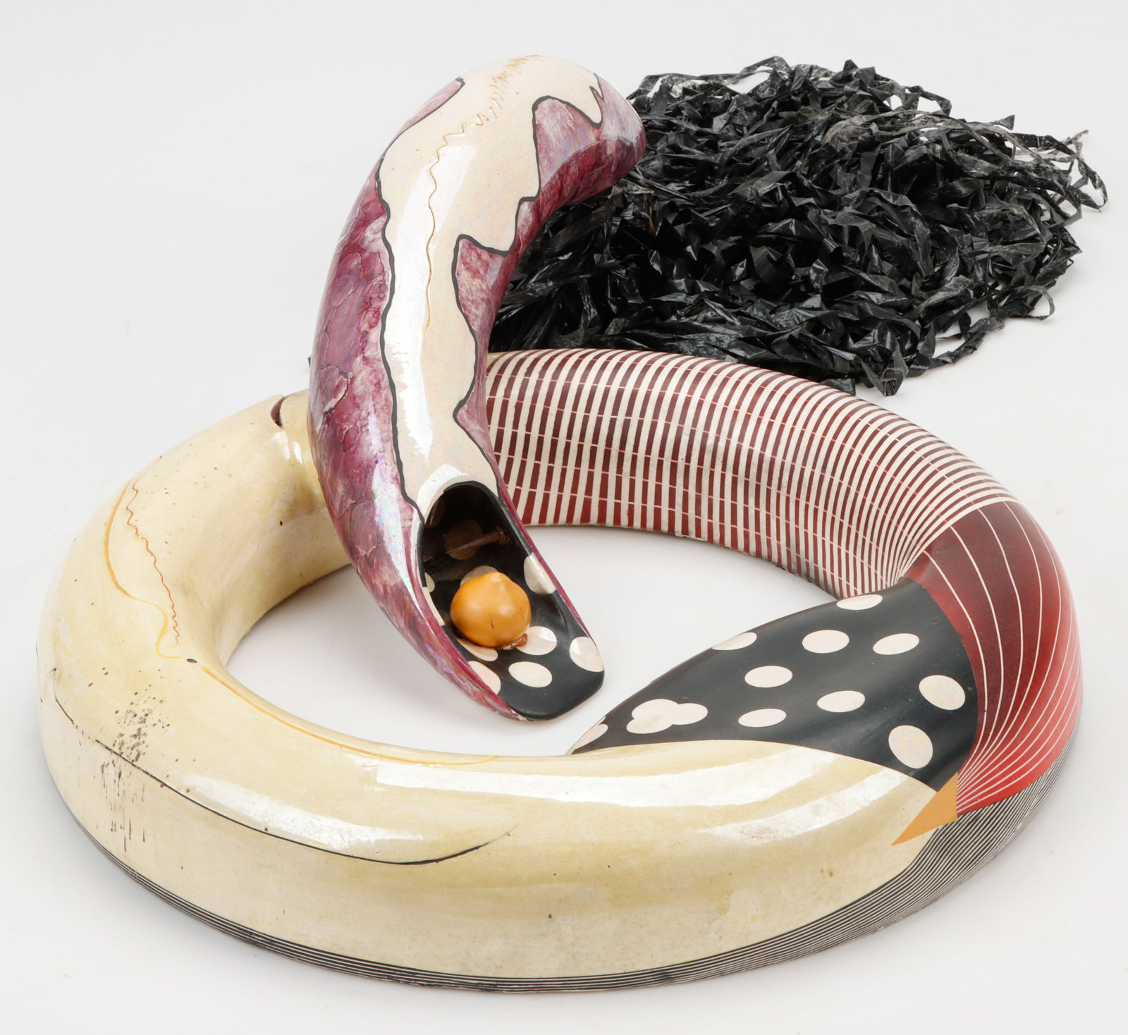 Ray Allen (American, 20th C.): Ray Allen (American, 20th C.) "The Snowy Entrapment," 1970, glazed ceramic, plastic; signed, dated and titled. Size: 7'' x 24'' x 17'' (18 x 61 x 43 cm). Provenance: The Robert L. Pfannebecker Collect