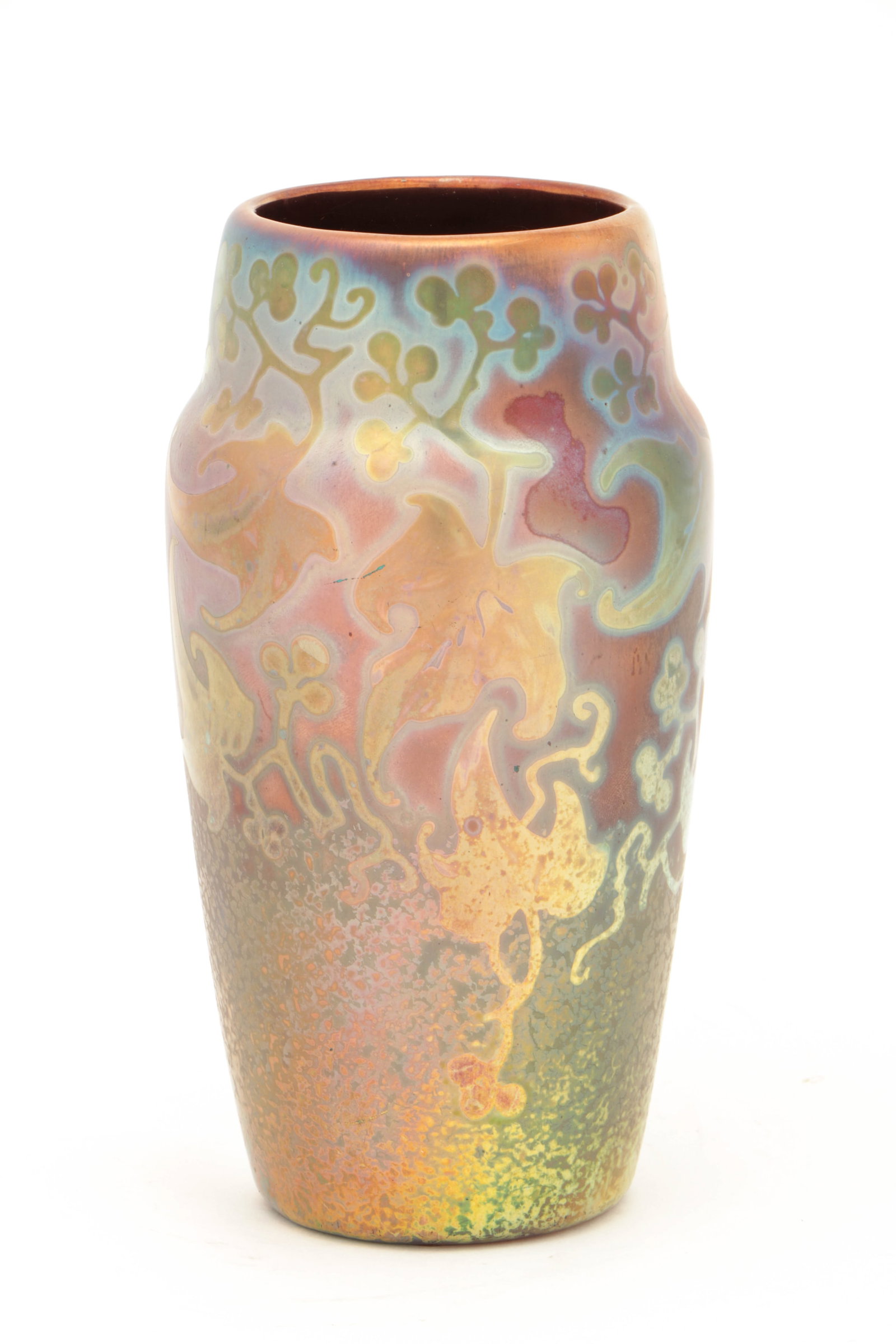 Weller Sicardo Art Pottery Vase, 1902-1907: Weller Sicardo Art Pottery Vase, 1902-1907. Ivy leaves and berries in iridescent purples, blues, greens and gold. Size: 7.25'' x 4'' x 4'' (18 x 10 x 10 cm).