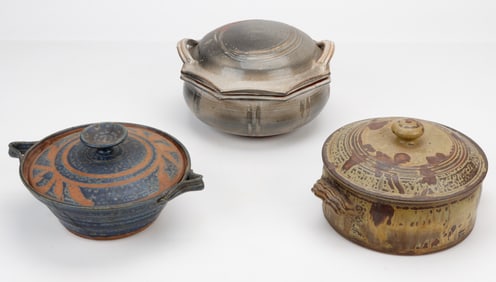 3 Modern Contemporary Art Pottery Covered Crocks