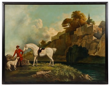 After George Stubbs (1724-1806) "A Grey Hunter with a Groom and a Greyhound at Creswell Crags"