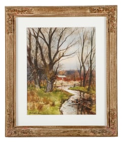 Ranulph Bye (1916-2003) Untitled (Bucks County, PA Landscape with Creek and Red Barn)