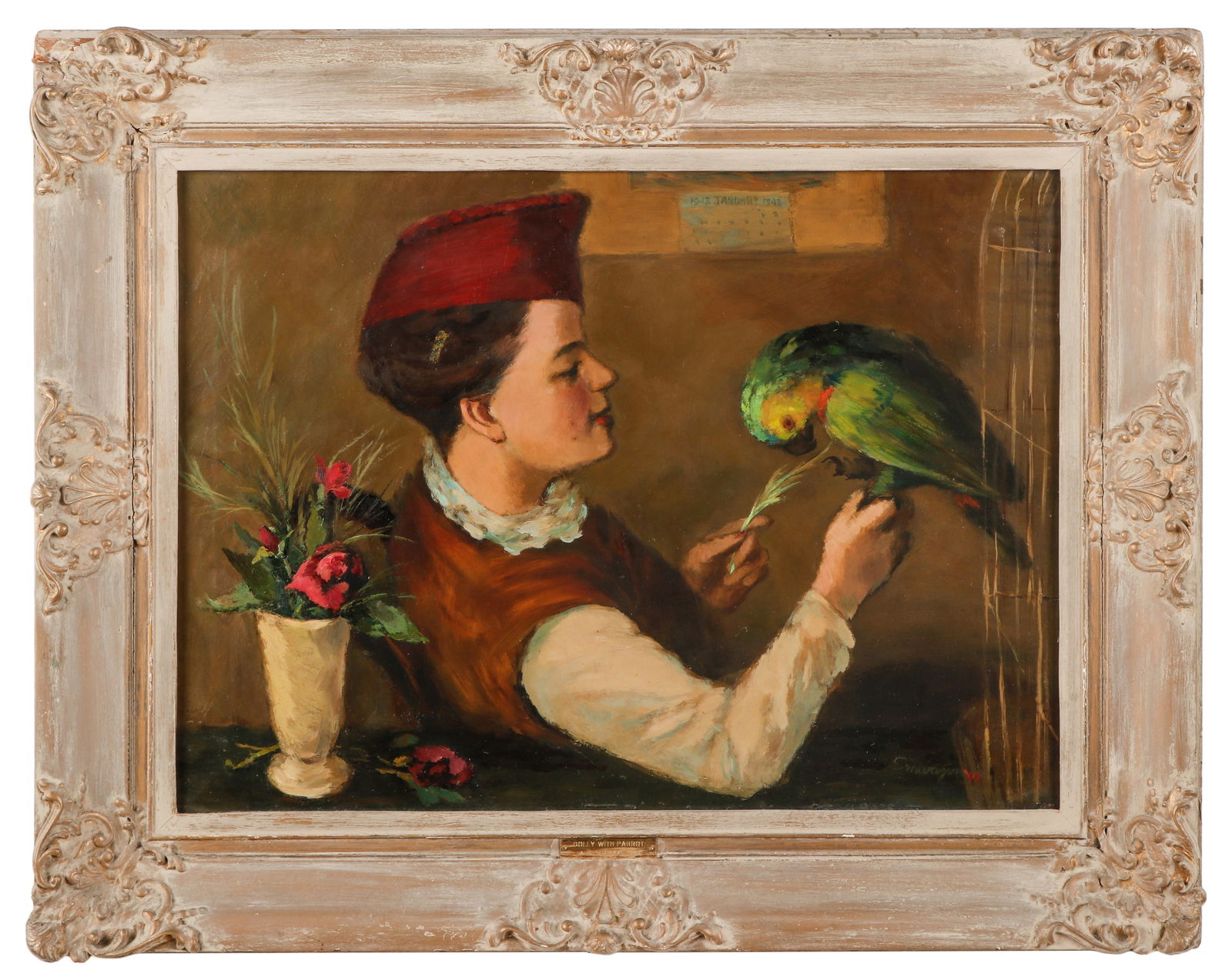Albert Serwazi (1905-1992) "Dolly with Parrot,"1943: Albert Serwazi (American, 1905-1992) "Dolly with Parrot," 1943, oil painting on canvas, signed and dated. Framed. Size: 22'' x 30'', 56 x 76 cm (stretcher); 30.5'' x 38.75'', 77 x 98 cm (frame).