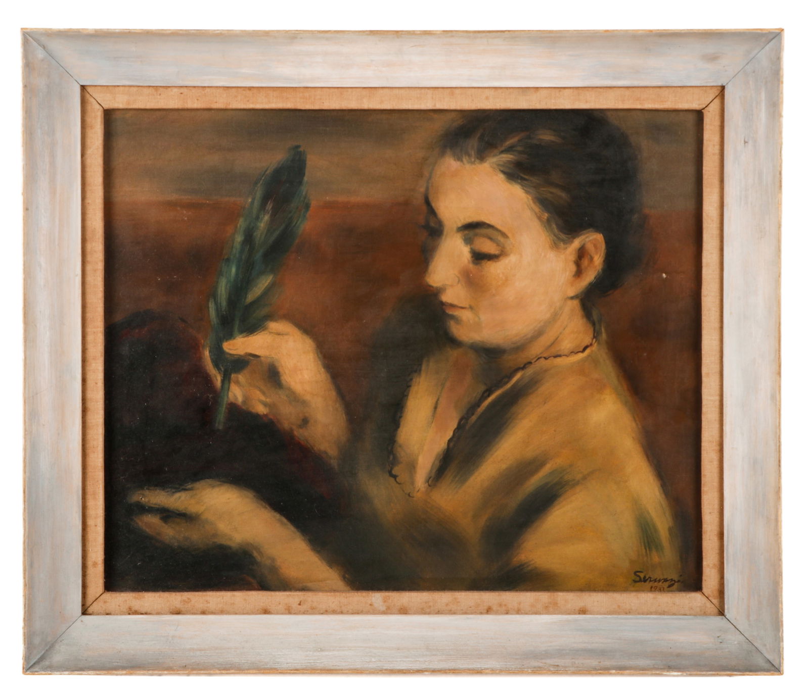 Albert Serwazi (1905-1992) "Gertrude Trimming Hat," 1931: Albert Serwazi (American, 1905-1992) "Gertrude Trimming Hat," 1931, oil painting on canvas, signed and dated. Framed. Size: 18.25'' x 22.25'', 46 x 57 cm (stretcher); 23'' x 27'', 58 x 69 cm (frame).