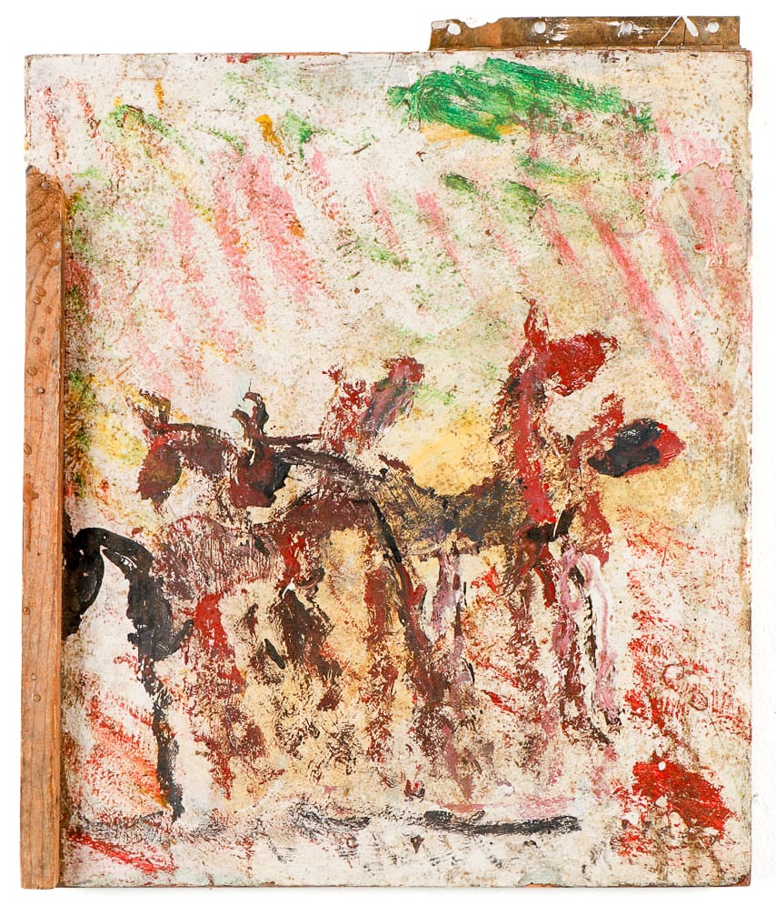 Purvis Young (American, 1943-2010): Purvis Young (American, 1943-2010) Mixed media assemblage painting on board, unsigned. Unframed. Size: 18'' x 15.5'' (46 x 39 cm).
