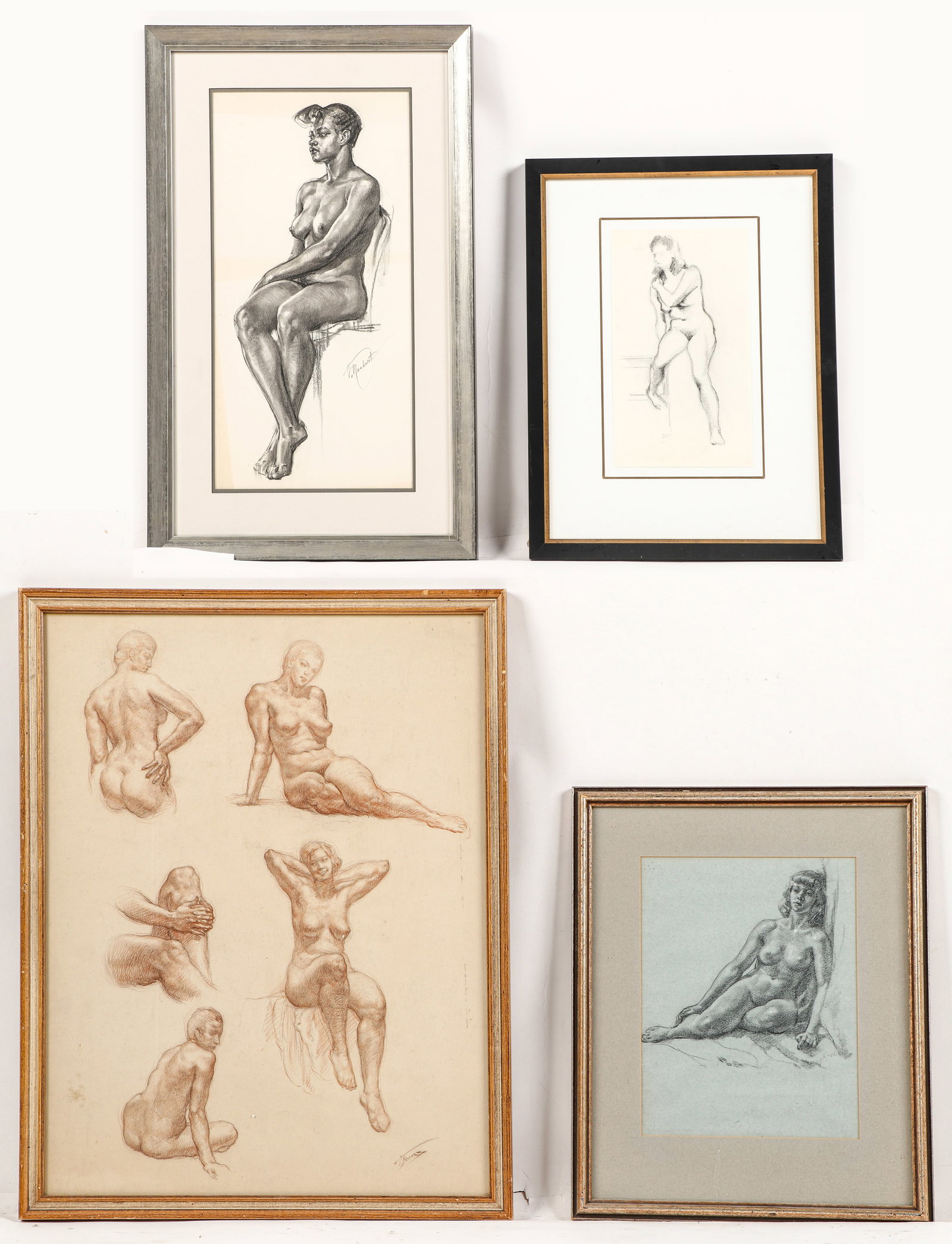 4 Female Nude Figure Study Drawings: 4 Female Nude Figure Study Drawings. Charcoal, graphite, chalk, 2 signed by Vincent Nesbert (1898-1976). Each Framed. Size: Ranging from 10'' x 6'', 25 x 15 cm (sheet) to 25'' x 19'', 64 x 48 cm (shee