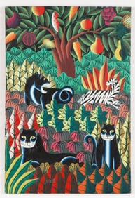 Haitian School Jungle Landscape with 3 Black Cats