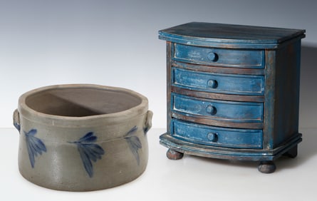 Miniature Bowfront 4-Drawer Chest And Stoneware Crock