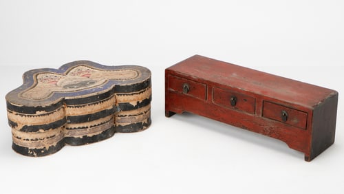 Antique Chinese Red Lacquer Desk Top Cabinet And Hat Box