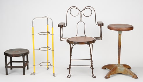 Collection of 4 Vintage Stools, Chair and Plant Stand