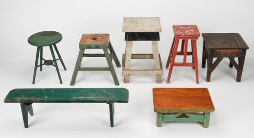 Collection of 7 Antique/Vintage Stools and Plant Stands