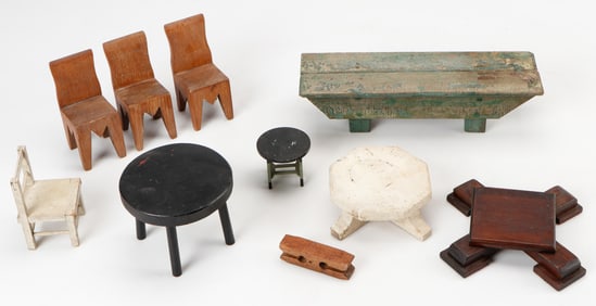 Group of 10 Folk Art Miniature Stands, Stools And Bench