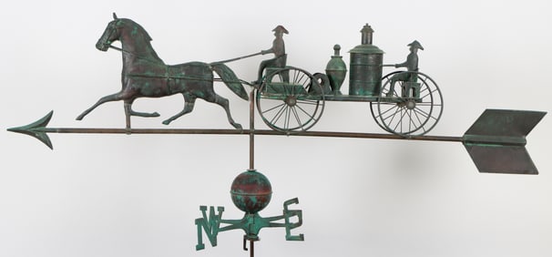 Impressive American Molded Copper "Horse-Drawn Steam Fire Engine" Weathervane