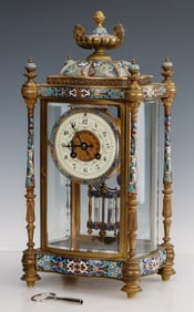 French Bronze And Champleve Enamel Mantel Clock, Late 19th/Early 20th C.