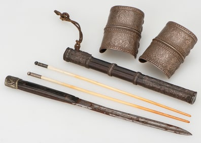 Antique Tibetan Traveling Knife & Chopsticks Set and Pair of Central Asian Bracelets