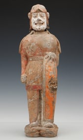 Chinese Pottery Tomb Figure Of A Standing Warrior, Tang Dynasty, H: 22.5"