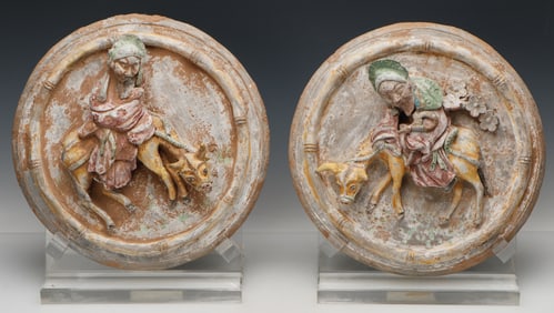 Pair of Chinese Terracotta Tondo Relief Sculptures, Diam: 15"