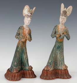 Chinese Pair of Tang Style Ceramic Tomb Musicians, H: 11"
