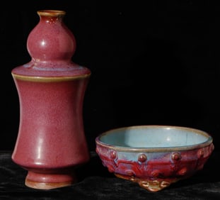 Chinese Junyao Purple And Blue Glazed Tripod Narcissus Bowl And Vase