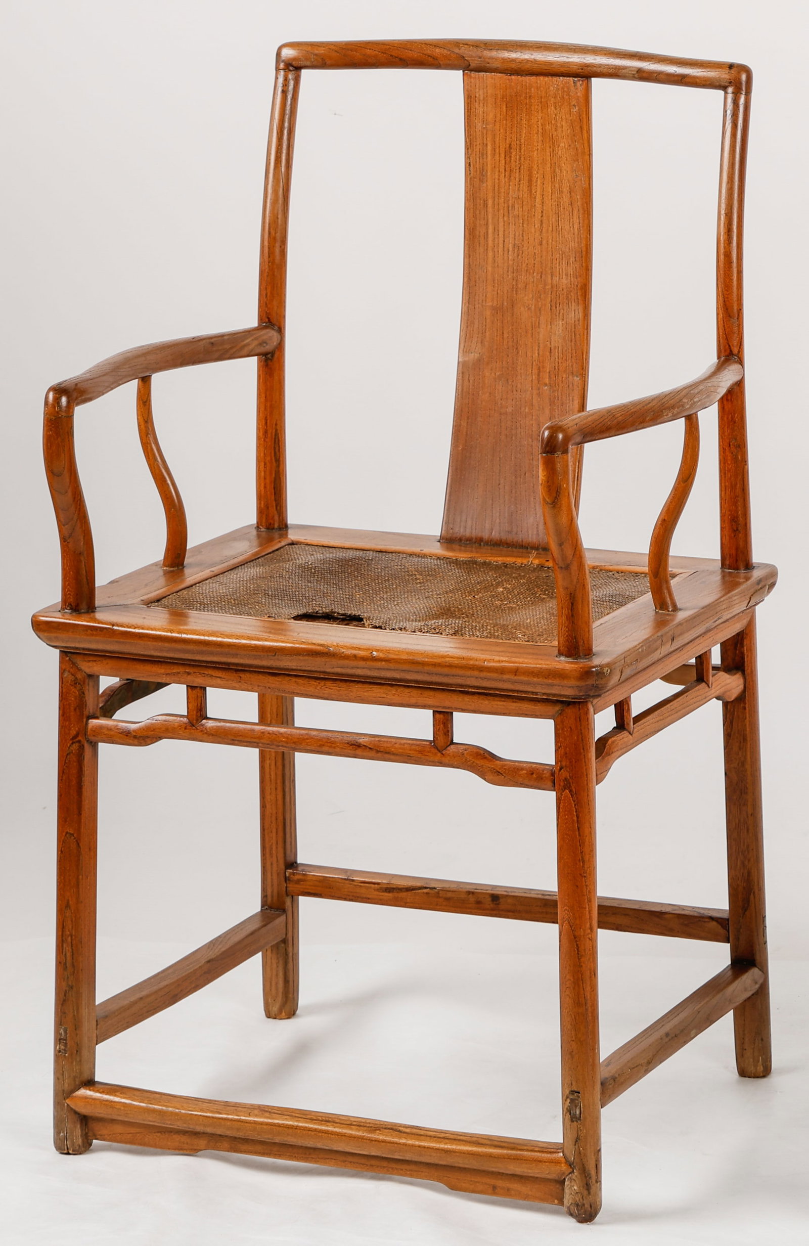 Antique Chinese Chair, Late 19th/Early 20th C.: Antique Chinese Chair, Late 19th/Early 20th C. With shaped crest rail, single solid splat, cane seat with losses. Heights are 38'' (97 cm).After making payment, all furniture buyers must collect and r
