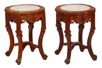 2 Chinese Marble Inset Top Side Tables