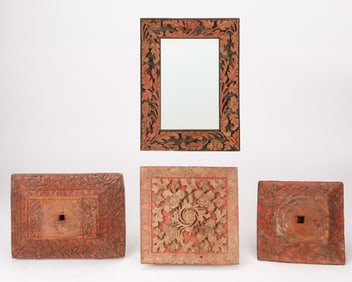 3 Carved Wood Architectural Elements And A Mirror