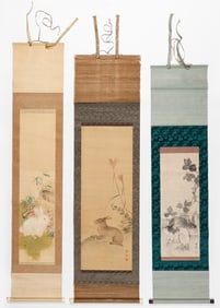 3 Japanese Painted Scrolls of Rabbits